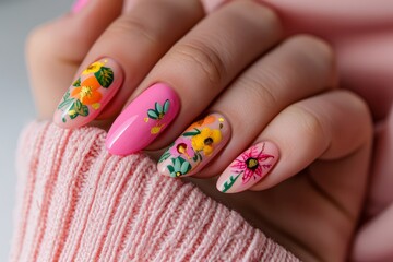 set of spring nails with colorful flowers  painted on, fruit design,  colorful, bright background, hands close up manicure - 793714184