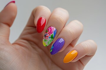 set of spring nails with colorful flowers  painted on, fruit design,  colorful, bright background, hands close up manicure - 793714188
