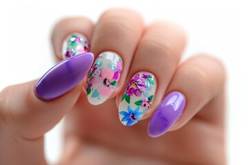 set of spring nails with colorful flowers  painted on, fruit design,  colorful, bright background, hands close up manicure - 793714189