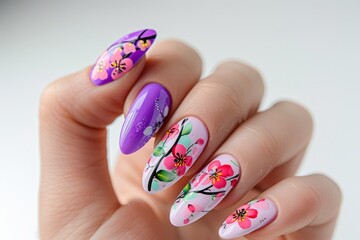 set of spring nails with colorful flowers  painted on, fruit design,  colorful, bright background, hands close up manicure - 793714196