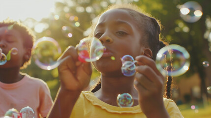 Little girl blowing bubbles in the park