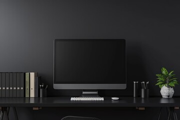 Minimalist home office with grey desk, computer and grey books on deep black wall background. Home interior design of modern work space 