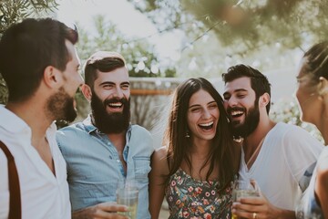Group of friends having fun at a summer party. People having fun outdoors.