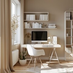  Minimalist home office with white desk, computer, books and plants,  light ocra white wall background, linear and clean interior