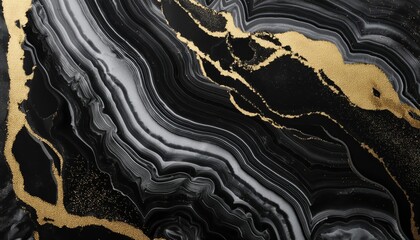 Luxurious black ink marble-like abstract texture with golden dust and agate stone swirls ,...