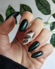 et of spring nails with green flowers and leaves  painted on, palnt design, colorful, bright background, hands close up manicure - 793714746