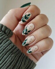 et of spring nails with green flowers and leaves  painted on, palnt design, colorful, bright background, hands close up manicure - 793714750