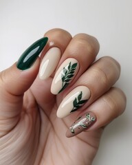 set of spring nails with green flowers and leaves  painted on, palnt design, colorful, bright background, hands close up manicure - 793714755