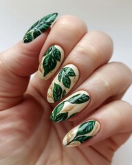 set of spring nails with green flowers and leaves  painted on, palnt design, colorful, bright background, hands close up manicure - 793714757