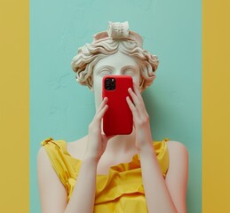picture illustration of a female with traditional staute sculpture greek head making a selfie picture on camera, pop art style - 793714760