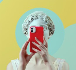 picture illustration of a female with traditional staute sculpture greek head making a selfie picture on camera, pop art style - 793714761