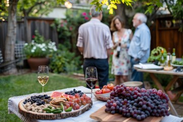 Obraz premium A vibrant summer garden party scene capturing friends interacting with a foreground of wine glasses and a platter full of fresh fruits and snacks.