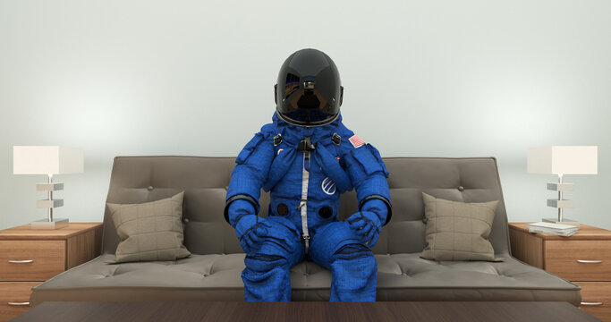 Astronaut In Space Suit On An Alien Planet. Sitting On Couch. Space Related Majestic Scene.