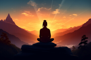 Silhouette of a woman in the lotus position meditating at sunset in the mountains. - obrazy, fototapety, plakaty