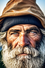 portrait of a man, veteran fisherman face detailed with deep wrinkles, intense eyes, white beard, hat, detailed illustration background wallpaper - obrazy, fototapety, plakaty