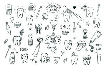 Doodle of tooth and dental care. Hand drawn vector illustration.
