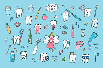 Doodle of tooth and dental care. Hand drawn vector illustration. - 793715792