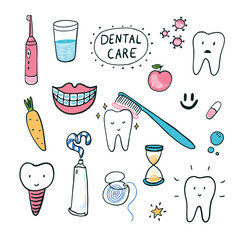 Doodle of tooth and dental care. Hand drawn vector illustration. - 793715908