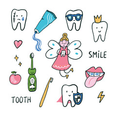 Doodle of tooth and dental care. Hand drawn vector illustration. - 793715909