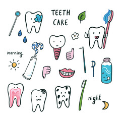 Doodle of tooth and dental care. Hand drawn vector illustration. - 793715914