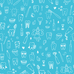 Tooth dental care vector line seamless pattern. - 793715917
