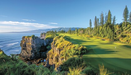 Scenic golf course on cliffs by the sea with iconic tall rock arches for stunning views