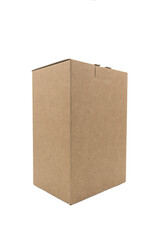 an closed brown corrugated cardboard box isolated on white. cardboard box for transporting goods. half-turned view