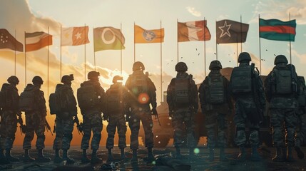 A group of peacekeepers standing in front of a military base, with the flags of various nations flying overhead. - Powered by Adobe