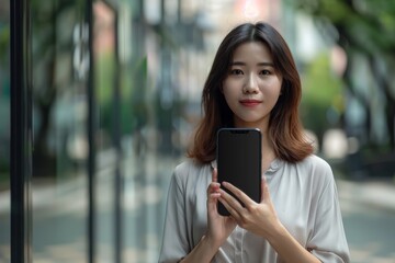 Ui mockup asian woman in her 30s holding an smartphone with an entirely black screen