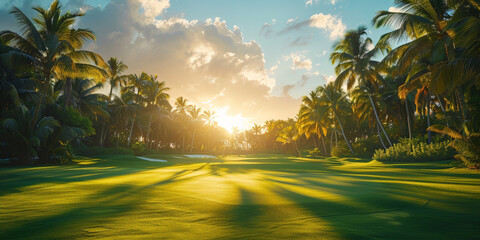 A green golf course in the tropics surrounded by palm trees and sand.  for conveying the precision and elegance of the golfing lifestyle - obrazy, fototapety, plakaty