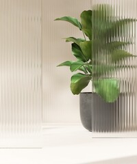 Fresh beautiful green tropical tree plant on floor behind transparent fluted reeded glass in...