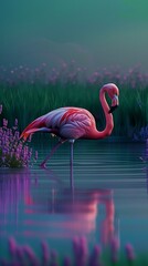 peaceful nature scene of a pink flamingo among vibrant lavender under the twilight sky