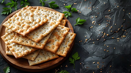 Matzo in a plate on a dark stone background. Jewish holiday bread matzah or matzah. Flat lay, top view with copy space