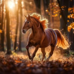 graceful equine elegance captured in an autumn run amidst forest leaves