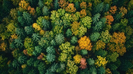 Naklejka premium Aerial view of a dense forest with vibrant foliage. Copy Space.