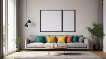 Living room with a white advertising banner on the wall. Prepared for a graphic designer. Generative AI.

