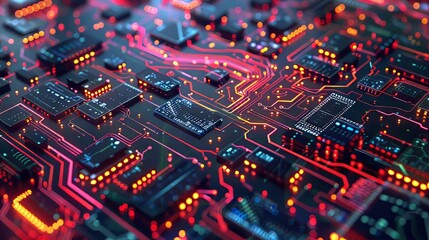 Futuristic circuit board design with AI chips and neural processing units, illustrating the computational architecture of intelligent systems