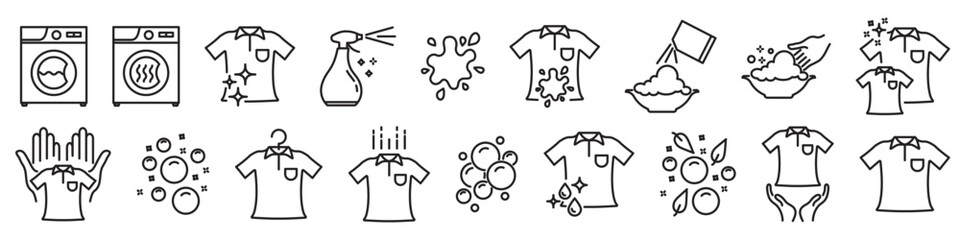 Set of self-service laundry, hand washing, laundry service line icons vector illustrations. Editable linear set vector illustration.	