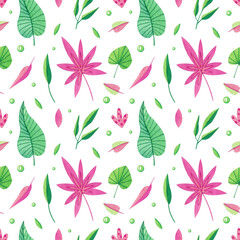 Seamless pattern with different tropical leaves and branches on a white background. Watercolor illustration. Print on fabric and paper. Wallpaper. Plants. Nature. Exotic. Art. Design. Handmade work. 