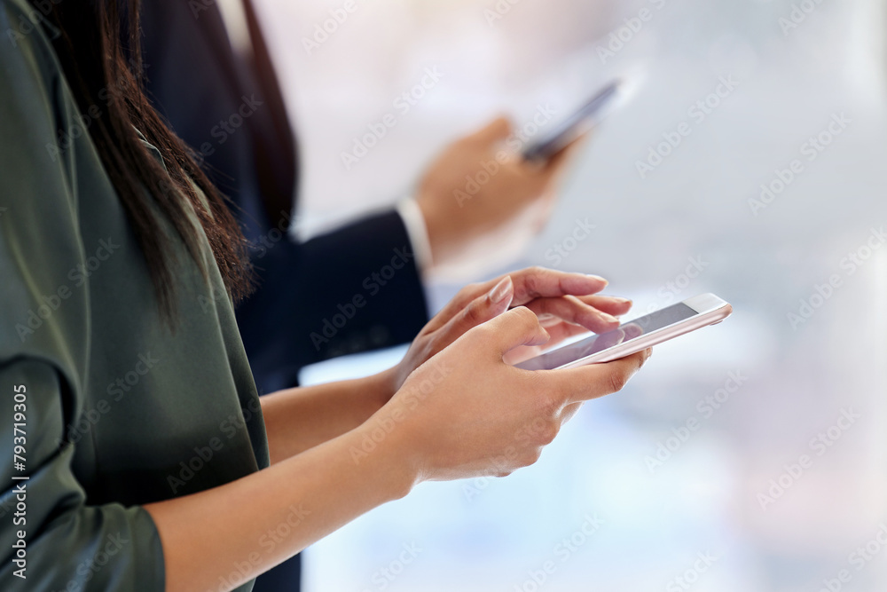 Poster hands, smartphone and people in office with closeup for company with tech for communication with app