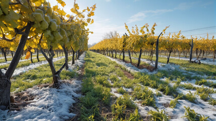 Damage caused by climate cooling, plants have been frozen. Frozen vineyards. Generative AI.

