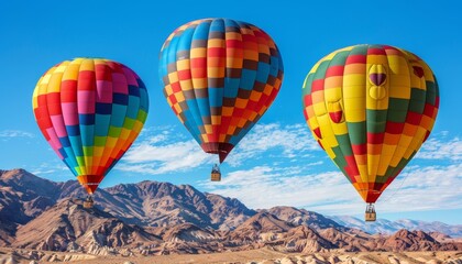 Obraz premium Colorful hot air balloons gently drifting above the breathtaking mountain landscape