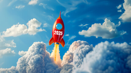 fusée style cartoon 3D avec le texte 2025 écrit dessus, en train de décoller au dessus des nuages