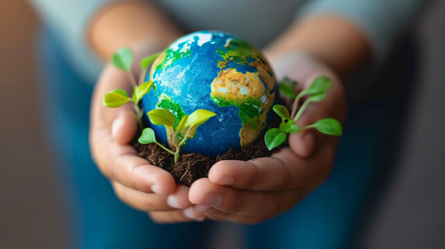 An image of a person holding a globe with vibrant plant sprouts, symbolizing environmental stewardship