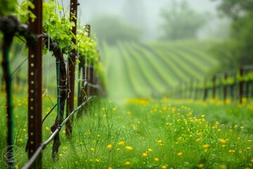 A serene vineyard scene featuring fresh green vines and vibrant yellow wildflowers under a misty morning sky. Perfect for illustrating agriculture, growth, and spring.