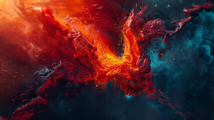 The abstract heart of a volcano, captured in fiery reds and oranges, clashing against cool blues and blacks to suggest nature's fury and beauty - obrazy, fototapety, plakaty