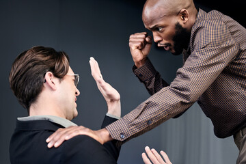 Angry, conflict and fight with business men in studio on dark background for workplace...