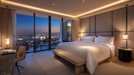 An elegant, modern bedroom with designer furniture, soft lighting, and a balcony offering stunning views of a sparkling city at night.
