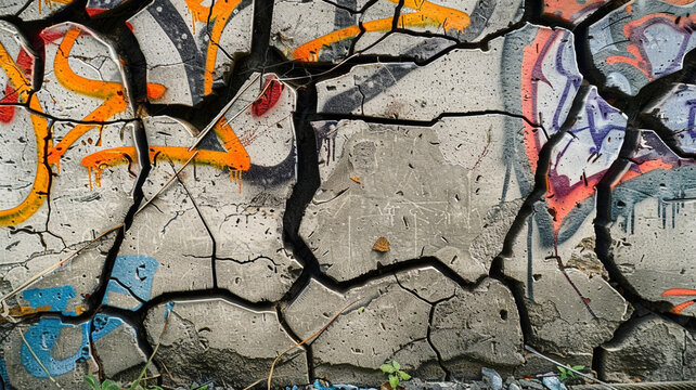 The contrast of permanence and ephemerality, captured in the relationship between enduring concrete cracks and the fleeting art of graffiti tags