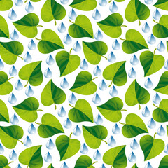 Green leaves with water drops. The theme of ecology and love for nature, nature conservation.  Seamless background for fabrics, textiles. Vector illustration